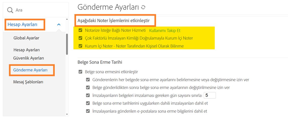 Proof ayarları vurgulanmış olarak Gönderme Ayarları sayfası