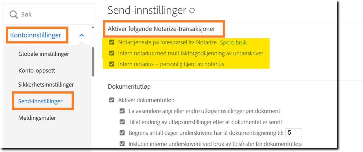 Send Innstillinger-siden med bevisinnstillingene uthevet