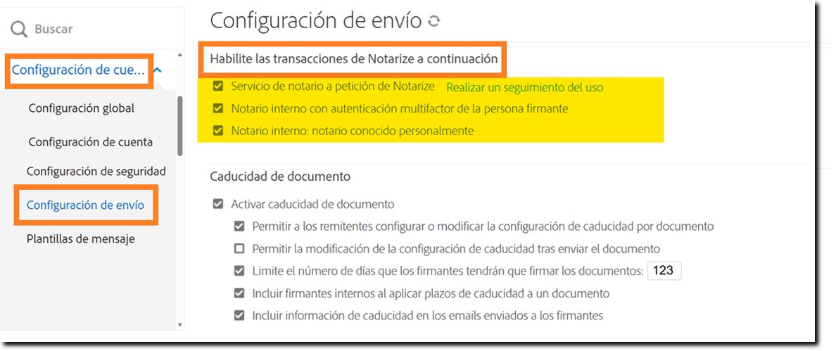 Página de Configuración de envío con la configuración de prueba resaltada
