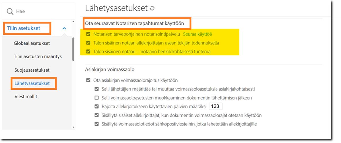 Lähetysasetukset-sivu, jolla Proof-asetukset on korostettu