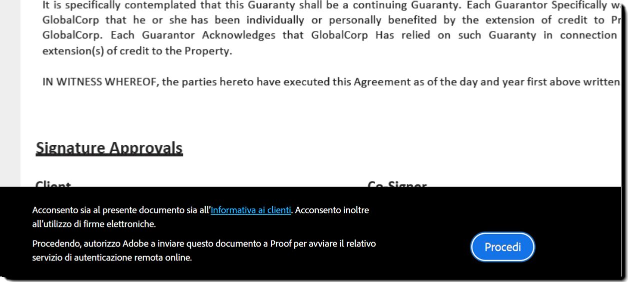 Piè di pagina di Proof per la fase di compilazione dei campi