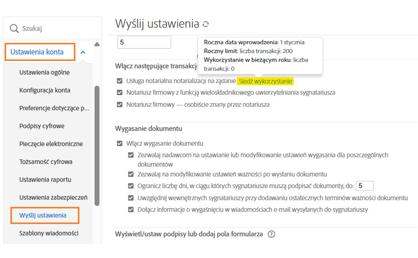 Strona Ustawienia wysyłania z podświetloną opcją Śledź wykorzystanie