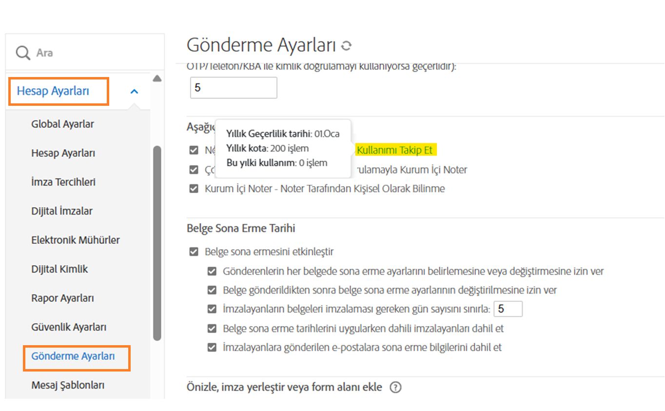 Kullanımı Takip Et bilgilerinin vurgulandığı Gönderme Ayarları sayfası