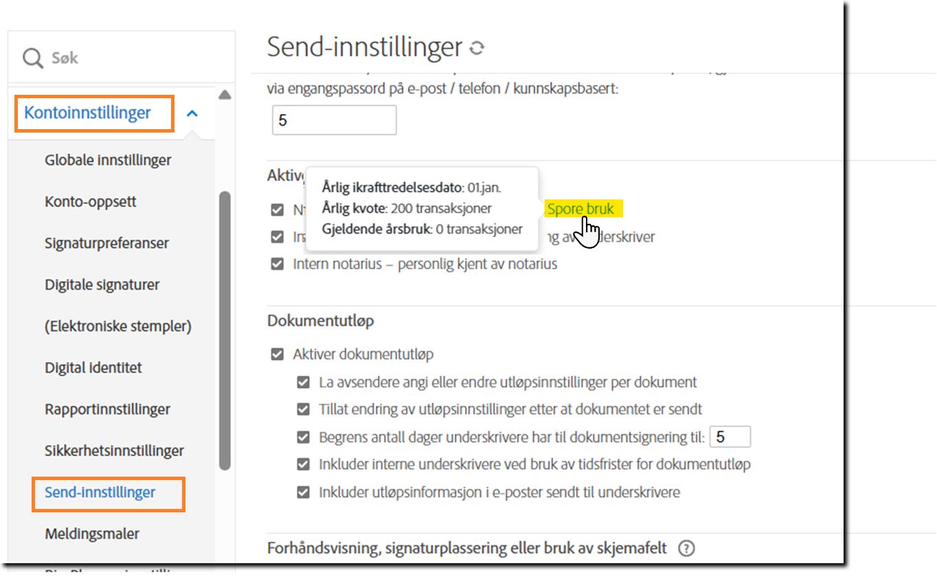 Innstillinger for Send-siden sporing av bruksinformasjon uthevet