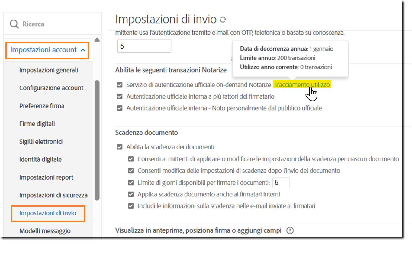 Pagina Impostazioni di invio con le informazioni Traccia utilizzo evidenziate