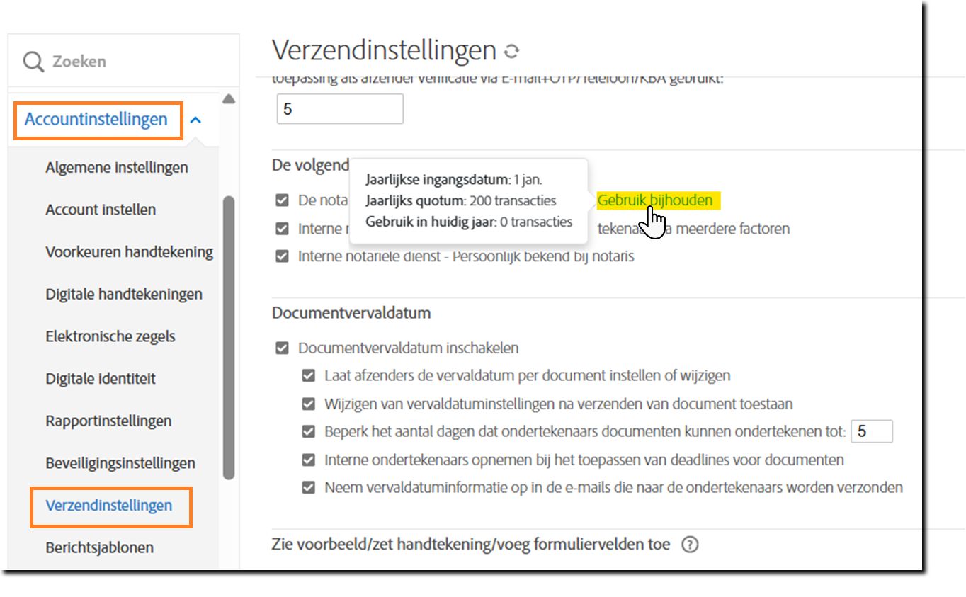 Pagina Instellingen verzenden met de Gebruiksinformatie bijhouden gemarkeerd