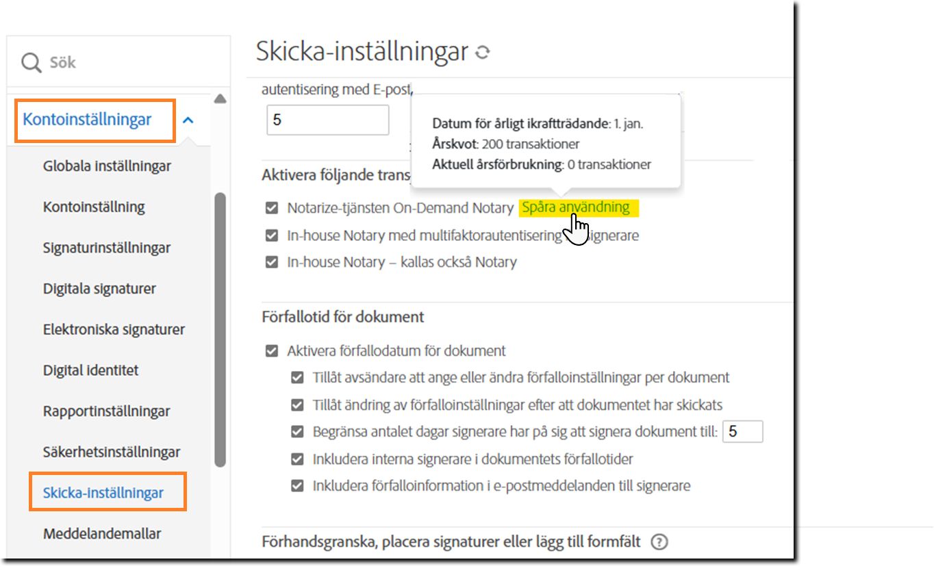 Sidan Sändningsinställningar med informationen om spårningsanvändning markerad