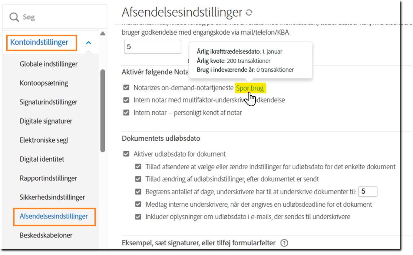 Siden Afsendelsesindstillinger med sporingsoplysninger fremhævet