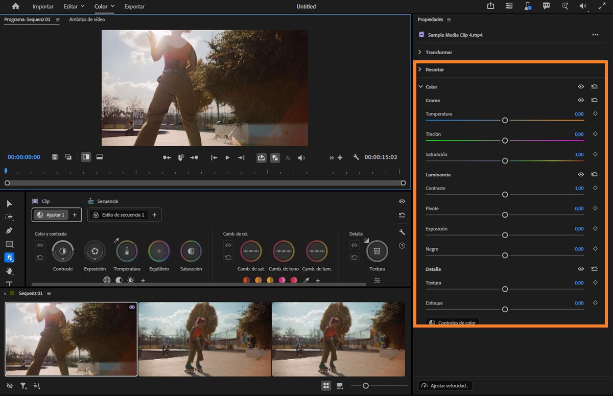 Panel Propiedades mostrando reguladores para temperatura, tinte de color, saturación, Contraste y Exposición en modo Edición.