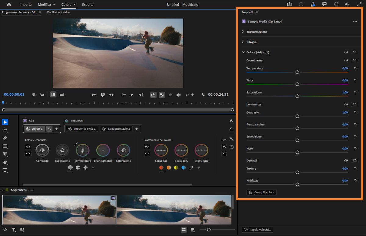 Pannello Proprietà che mostra i cursori per temperatura, tinta, saturazione, contrasto ed esposizione in modalità Modifica.