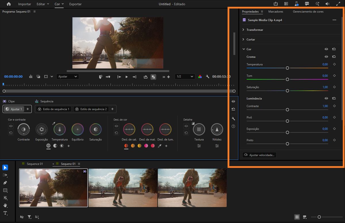 Painel de Propriedades exibindo controles deslizantes para temperatura, matiz, saturação, contraste e exposição no modo de edição.