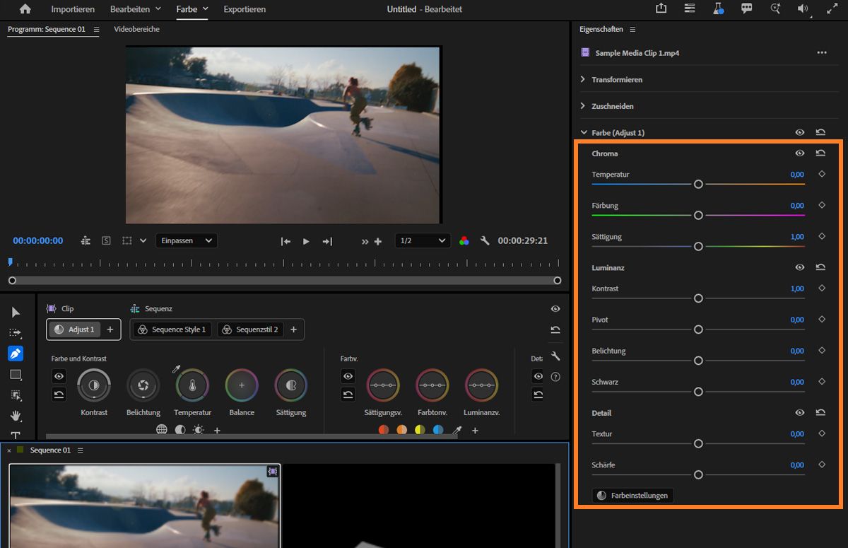 Bedienfeld „Eigenschaften“ mit Reglern für Temperatur, Farbton, Sättigung, Kontrast und Belichtung im Bearbeitungsmodus.