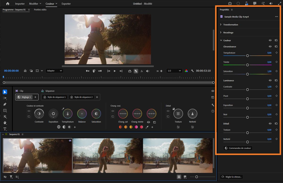 Panneau Propriétés affichant les curseurs pour la température, la teinte, la saturation, le contraste et l’exposition en mode Montage.