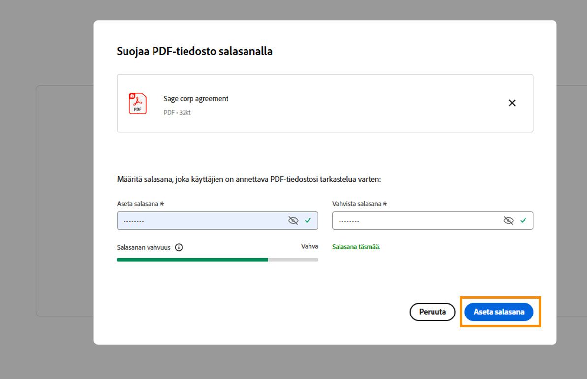 Suojaa PDF -valintaikkunassa näkyy Aseta salasana- ja Vahvista salasana -kentät. Aseta salasana -painike on korostettu.