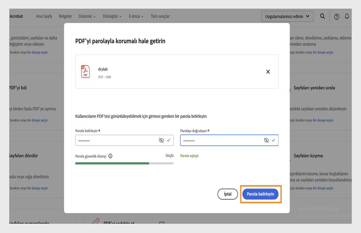 PDF'yi Koru iletişim kutusunda Parola oluştur ve Parolayı onayla alanları gösterilir. 'Parola oluştur' düğmesi vurgulanır.