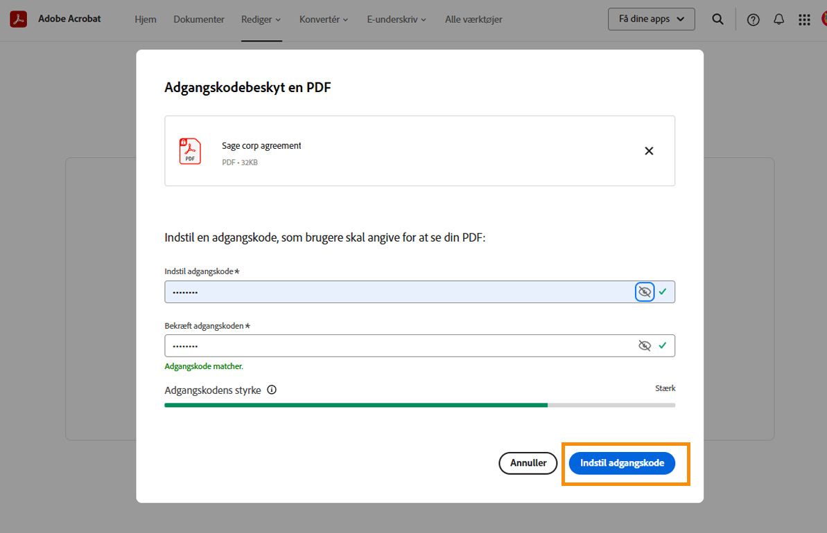 Dialogboksen Beskyt en PDF viser felterne Indstil adgangskode og Bekræft adgangskode. Knappen &quot;Indstil adgangskode&quot; fremhæves.
