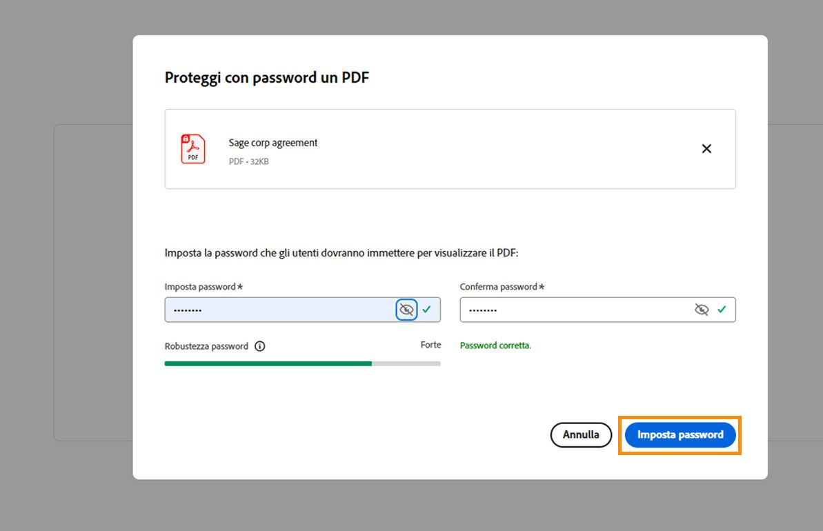 Finestra di dialogo Proteggi un PDF che mostra i campi Imposta password e Conferma password. Il pulsante “Imposta password” è evidenziato.