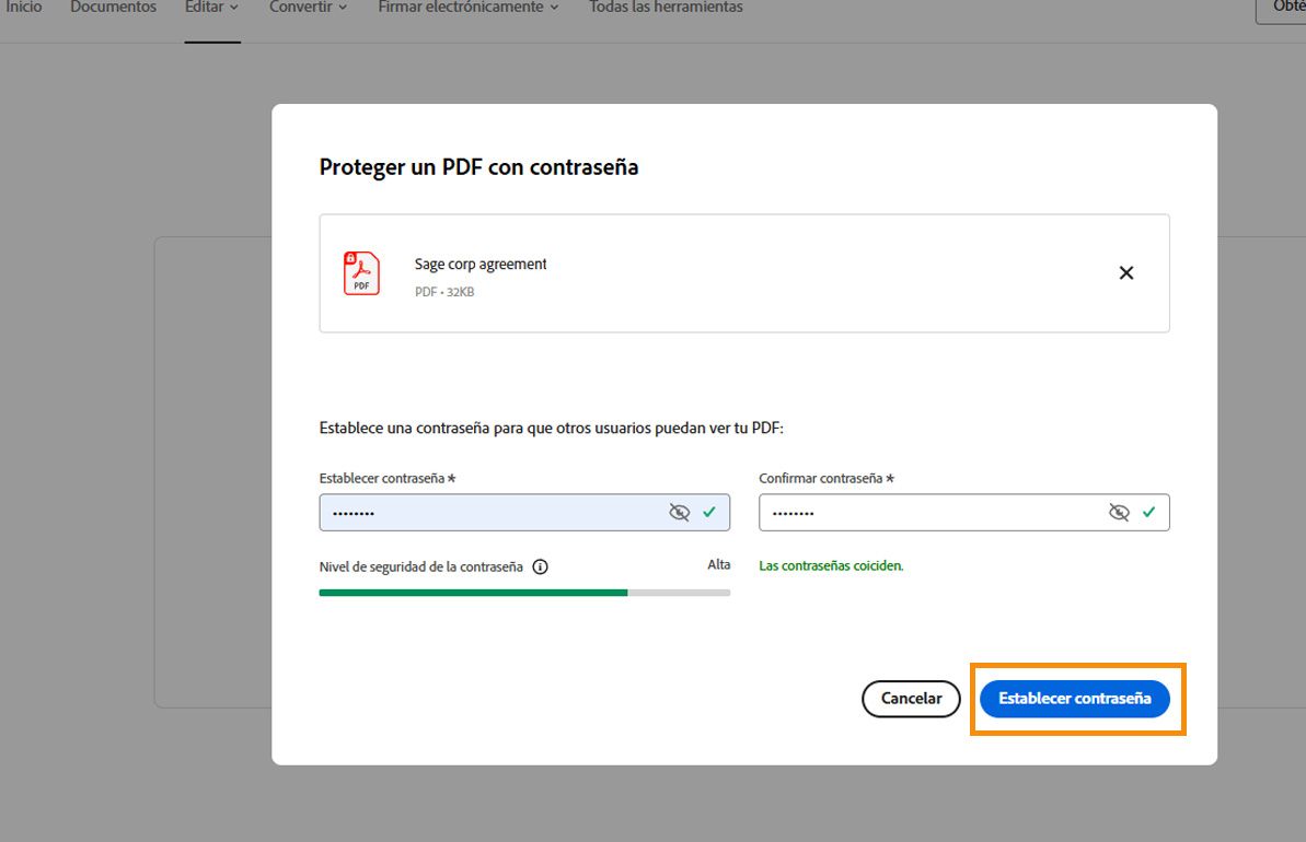 El cuadro de diálogo Proteger un PDF muestra los campos Establecer contraseña y Confirmar contraseña. El botón “Establecer contraseña” aparece resaltado.