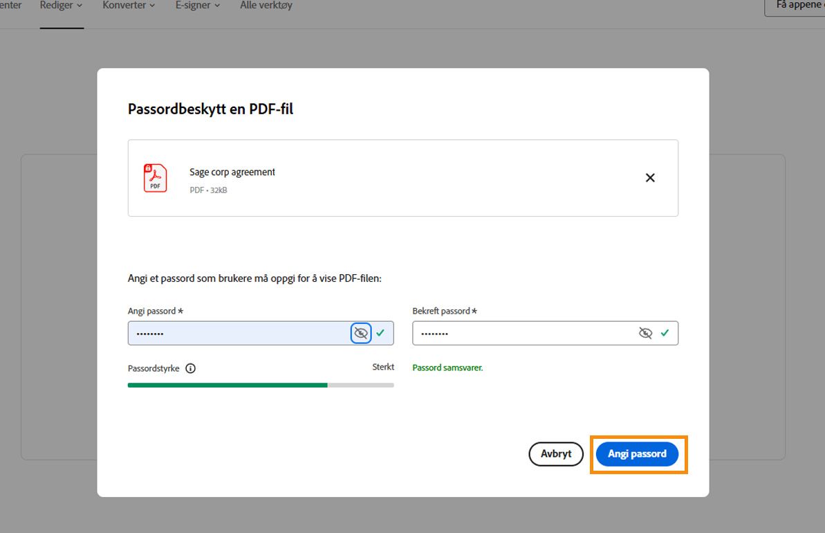 Dialogboksen Beskytt en PDF viser feltene Angi passord og Bekreft passord. Knappen «Angi passord» utheves.