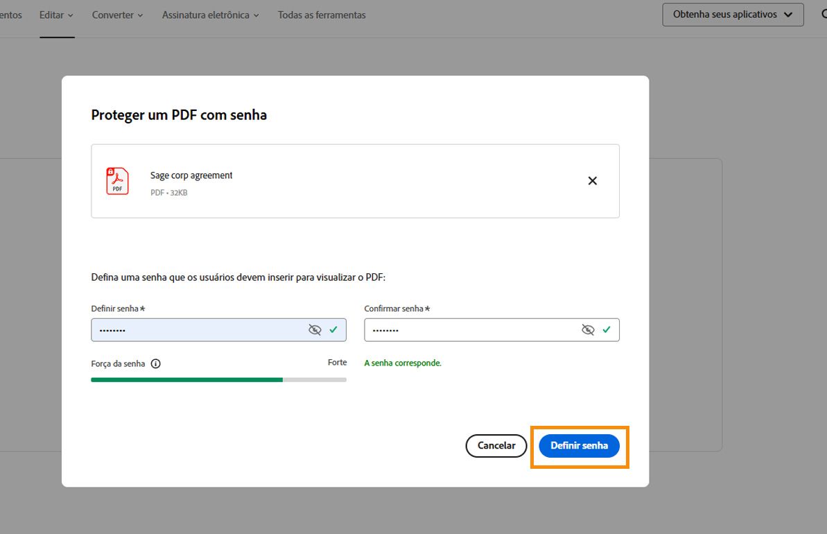 A caixa de diálogo Proteger um PDF mostra os campos Definir senha e Confirmar senha. O botão “Definir senha” é destacado.
