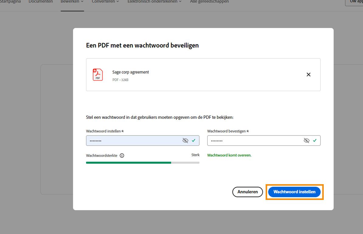 Het dialoogvenster PDF beveiligen geeft de velden Wachtwoord instellen en Wachtwoord bevestigen weer. De knop Wachtwoord instellen wordt gemarkeerd.