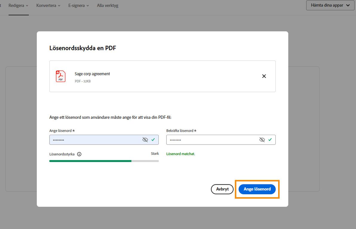 Dialogrutan Skydda en PDF-fil visar fälten Ange lösenord och Bekräfta lösenord. Knappen Ange lösenord är markerad.