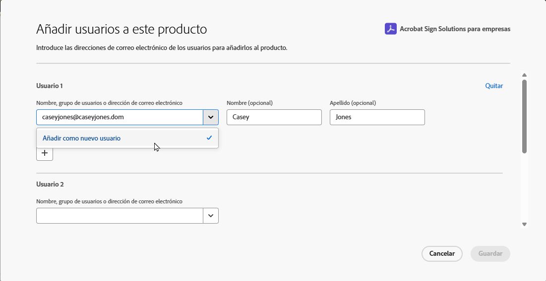 Interfaz de usuario Añadir mostrando el vínculo Añadir nuevo usuario