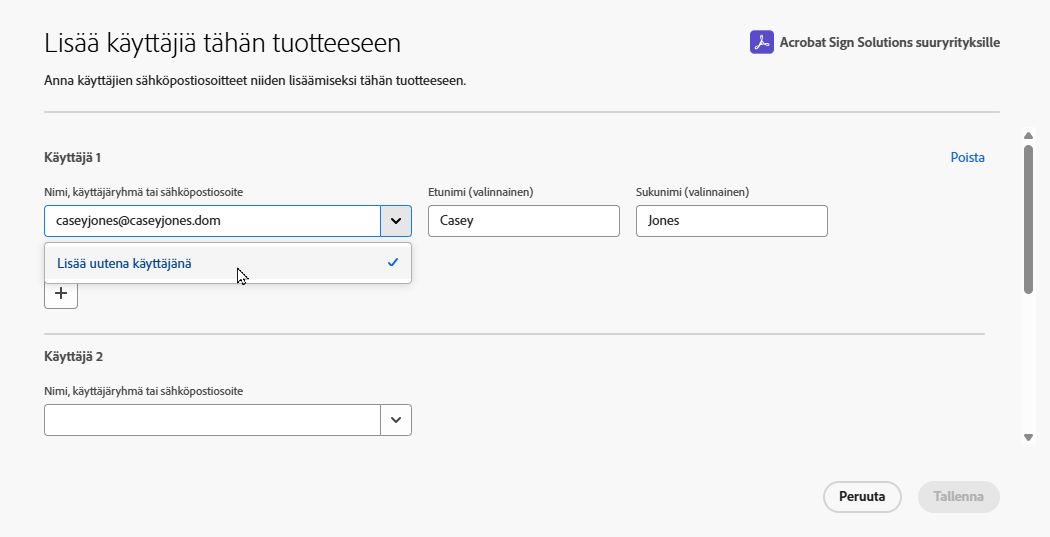 Lisää käyttäjä -käyttöliittymä, jossa näkyy Lisää uusi käyttäjä -linkki