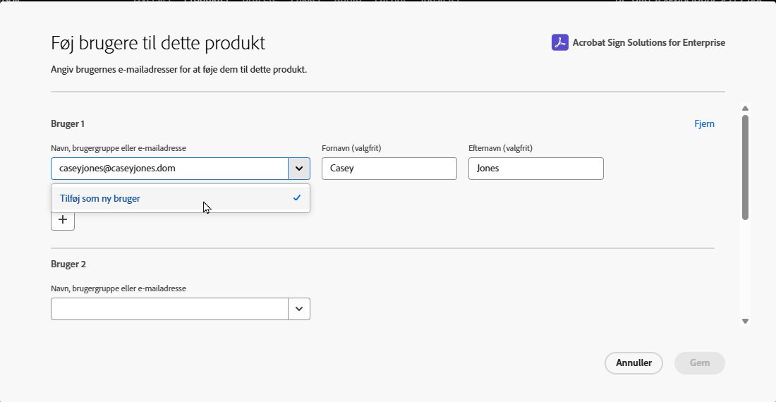 Tilføj bruger-grænsefladen, der viser linket Tilføj ny bruger