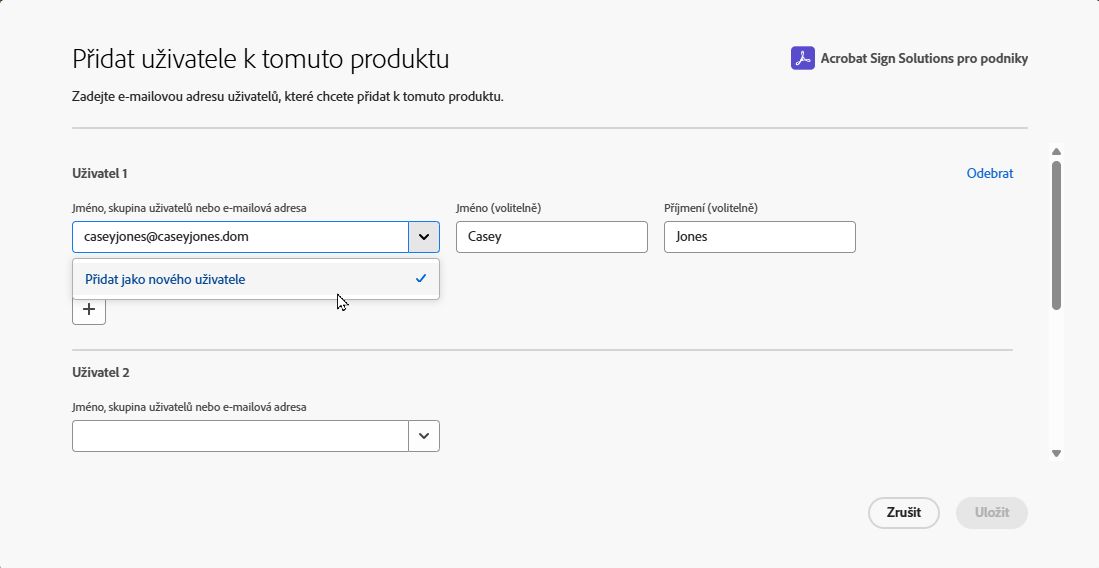 Rozhraní Přidat uživatele zobrazující odkaz Přidat nového uživatele