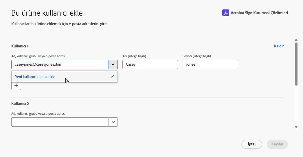 Yeni kullanıcı ekle bağlantısını gösteren Kullanıcı ekle arayüzü