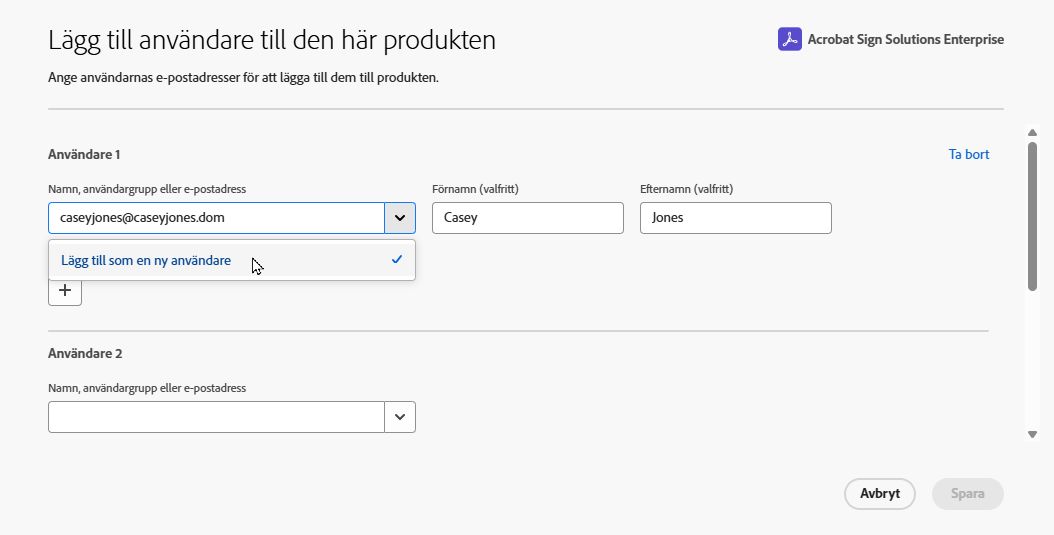 Gränssnittet för att lägga till användare visar länken Lägg till ny användare