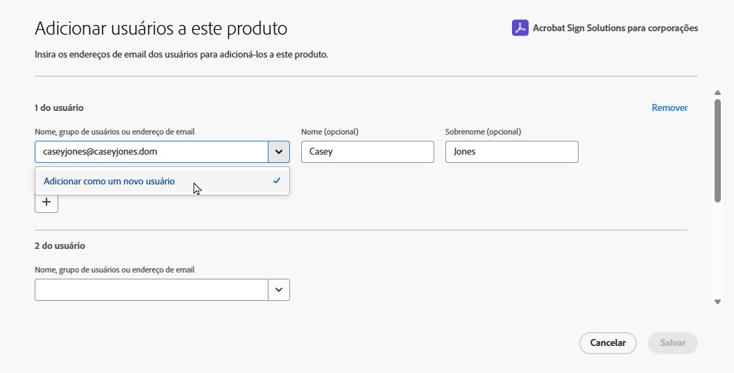 A interface Adicionar usuário mostrando o link Adicionar novo usuário