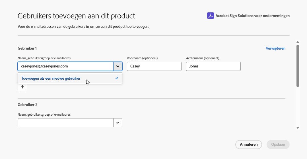 De interface Gebruikers toevoegen met de koppeling Nieuwe gebruiker toevoegen