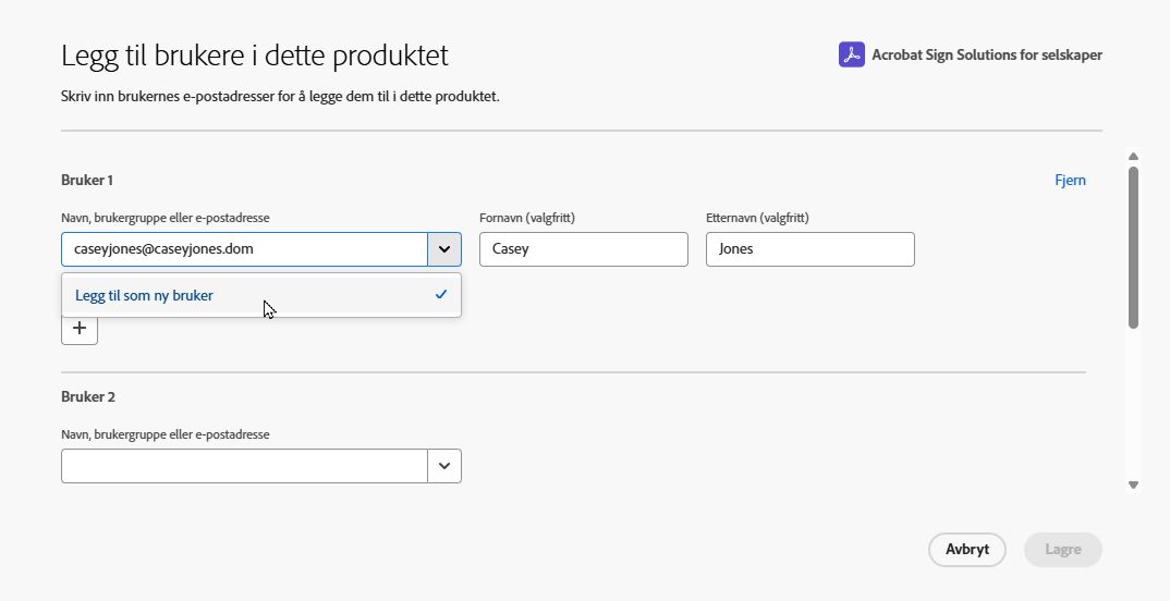 Grensesnittet for å legge til bruker som viser lenken Legg til ny bruker