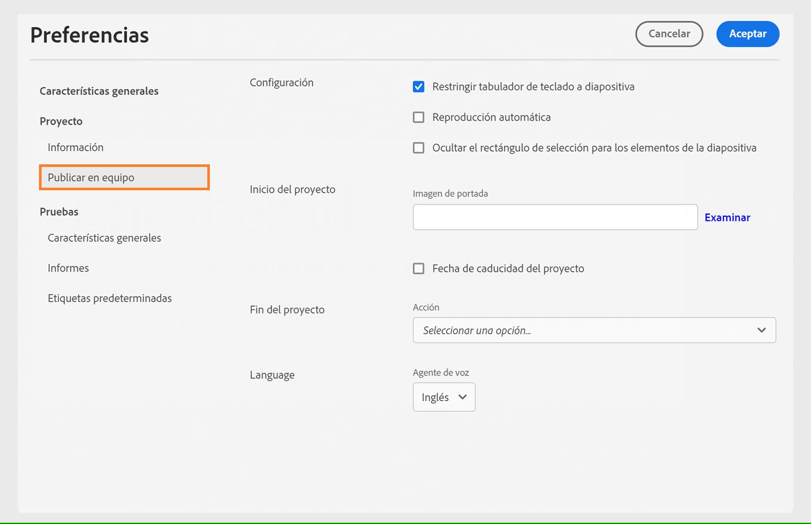 Preferencias de publicación del proyecto