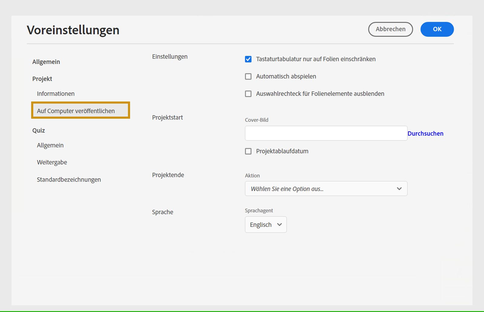 Projektveröffentlichungs-Voreinstellungen