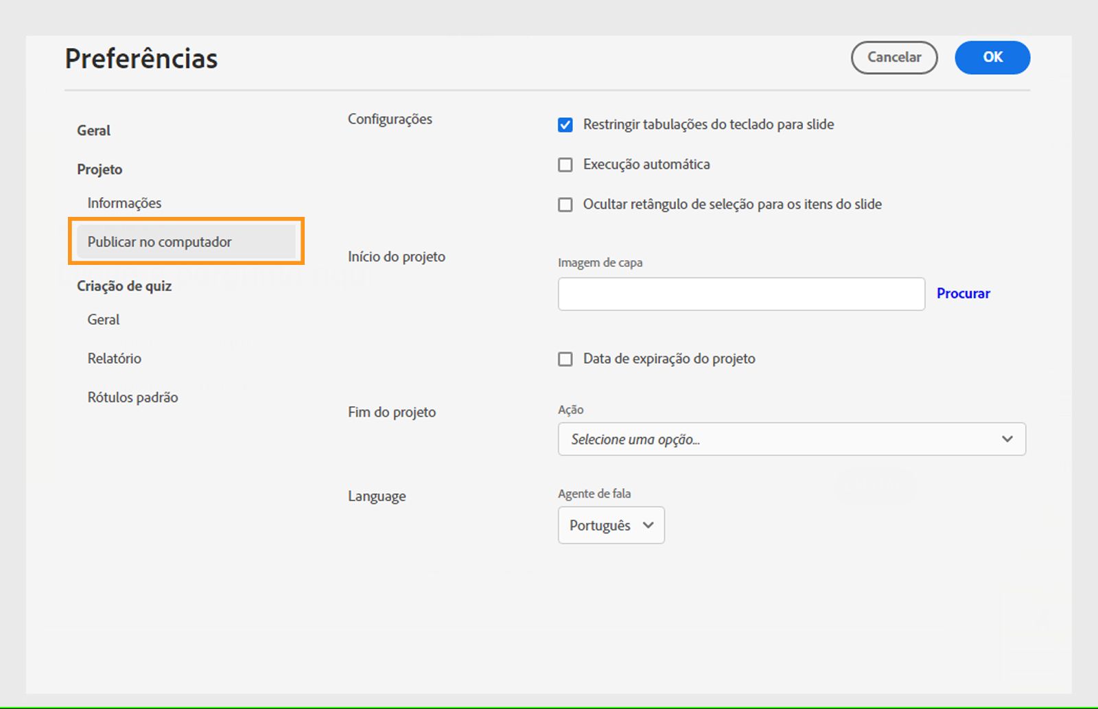Preferências de publicação do projeto