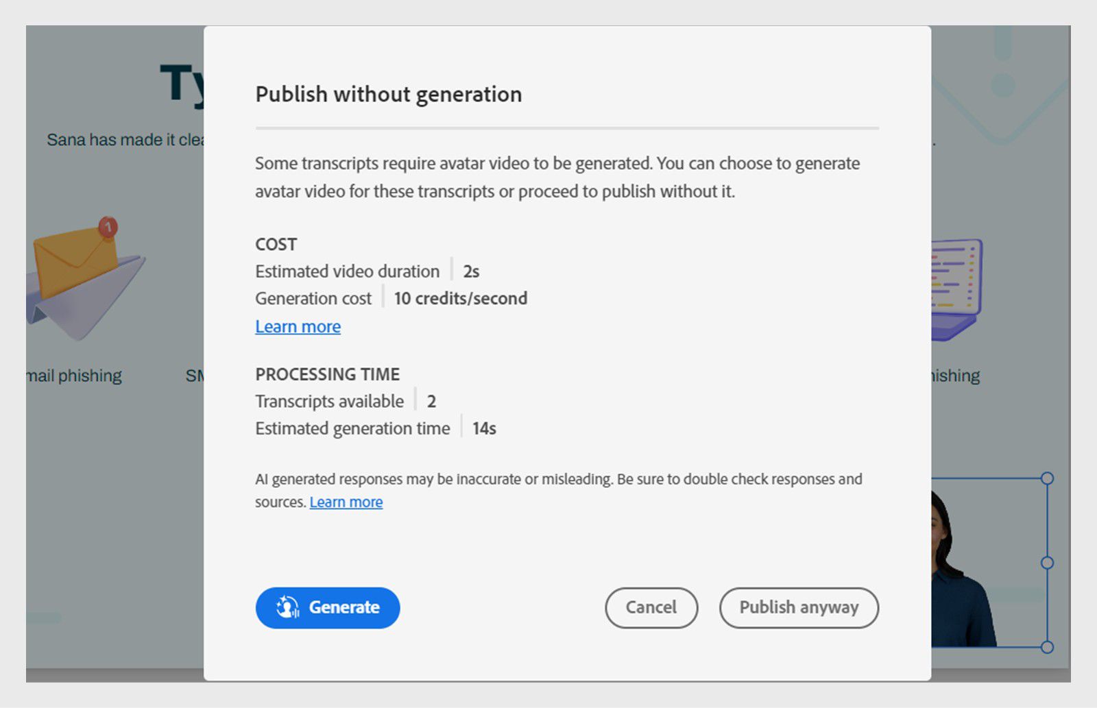 Captivate prompt when publishing without completing avatar generations