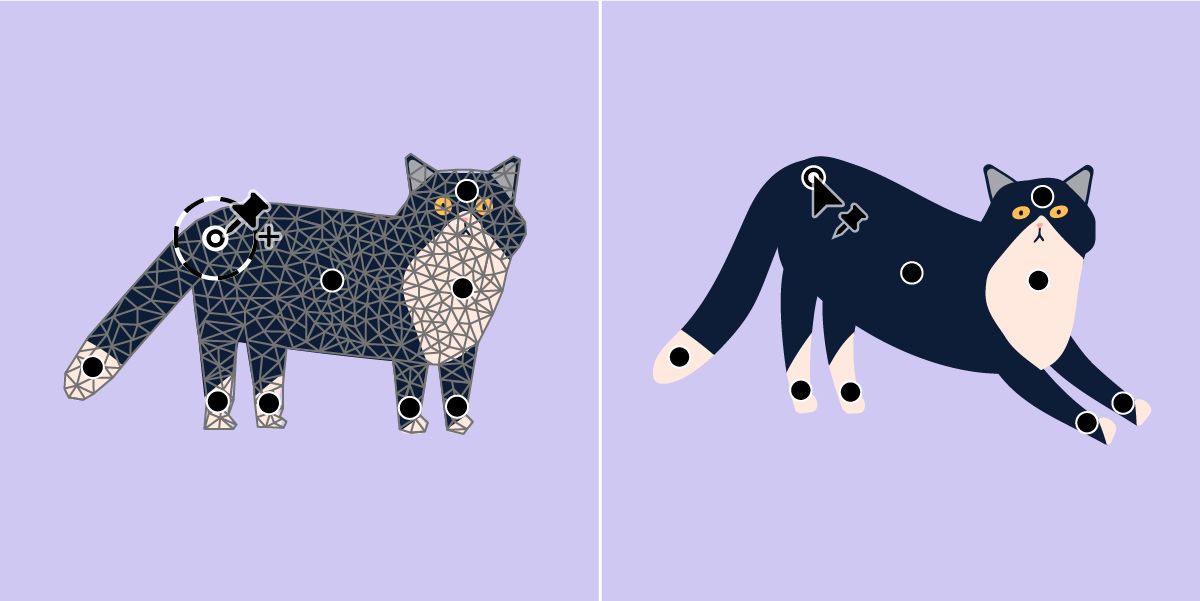 A standing animal's front legs are changed to sitting position using puppet warp tool.