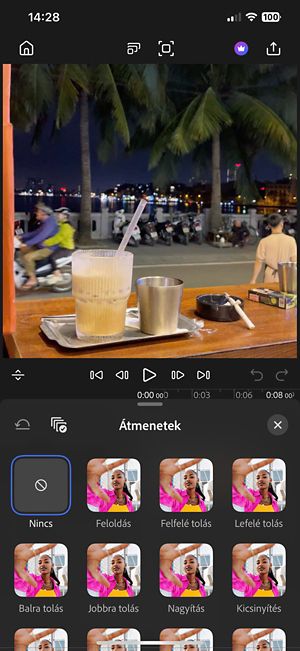 Felfele tolás, ráközelítés, fénybeszűrődés és egyéb áttűnések bélyegképei az iPhone-on futó Premiere idővonalán, két videóklip között megjelenítve.