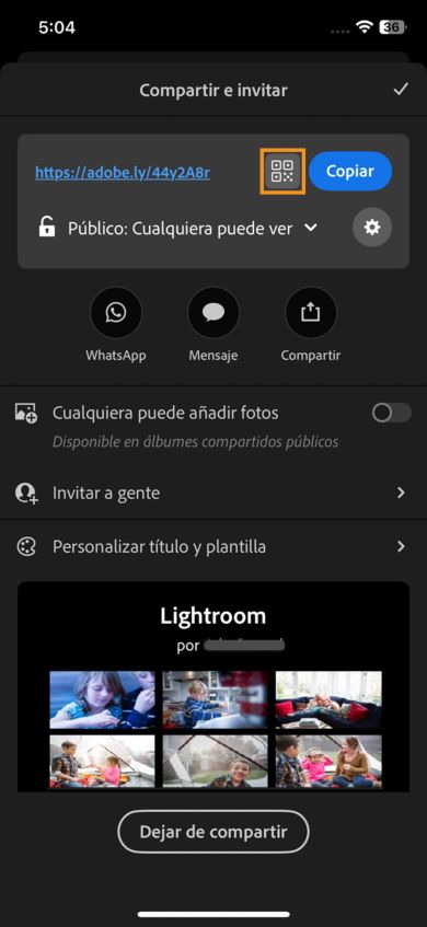 La sección superior muestra un enlace con opciones para copiar la URL, el código QR o compartir mediante WhatsApp, mensaje u otras aplicaciones. A continuación se muestran los conmutadores para permitir que otros usuarios agreguen fotos e inviten a personas. La sección inferior muestra una vista previa de las fotografías compartidas.