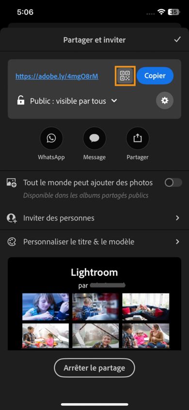 La section supérieure affiche un lien avec des options pour copier l’URL, le code QR, partager via WhatsApp, Message ou d’autres applications. Ci-dessous figurent des boutons bascule permettant aux autres utilisateurs d’ajouter des photos et d’inviter des personnes. La section inférieure affiche un aperçu des photos partagées.