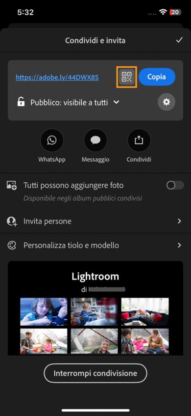 Nella sezione in alto è visualizzato un collegamento con le opzioni per copiare l’URL, il codice QR e varie opzioni per condividere le foto tramite WhatsApp, Message o altre app. Di seguito sono riportati i comandi per consentire ad altri di aggiungere foto e invitare persone. Nella sezione inferiore viene visualizzata un’anteprima delle foto condivise.