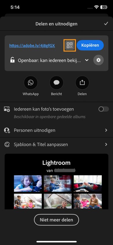 In de bovenste sectie ziet u een koppeling met opties om de URL of QR-code te kopiëren en te delen via WhatsApp, sms of andere apps. Hieronder vindt u schakelknoppen waarmee u kunt aangeven of anderen foto's mogen toevoegen en mensen mogen uitnodigen. In de onderste sectie wordt een voorbeeld van gedeelde foto's weergegeven.