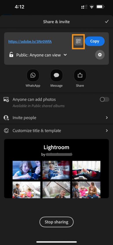The top section shows a link with options to copy URL, QR code, share via WhatsApp, Message, or other apps. Below are toggles for allowing others to add photos and inviting people. The bottom section displays a preview of shared photos.