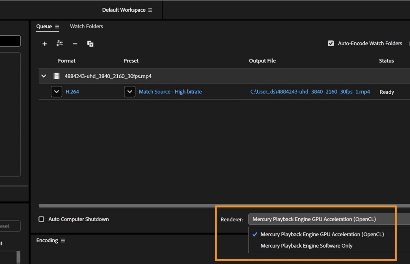 Il pannello Coda è aperto e il menu a discesa Renderer è evidenziato con l'opzione Mercury Playback Engine-GPU Acceleration (Open CL) selezionata.