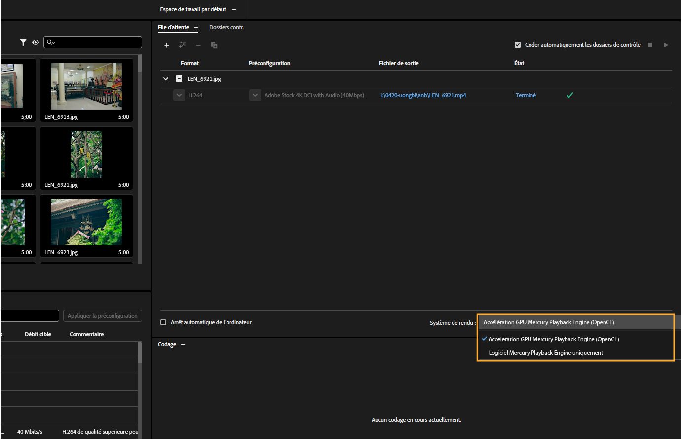 Le panneau File d’attente est ouvert et le menu déroulant Moteur de rendu est mis en surbrillance avec l’option Accélération par le GPU du Mercury Playback Engine (OpenCL) sélectionnée.