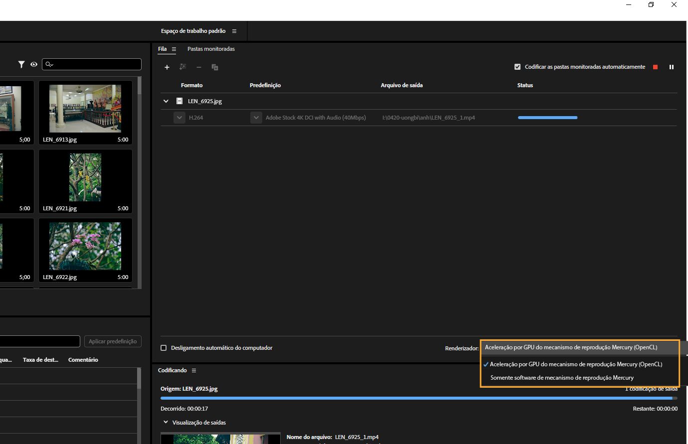 O painel Fila está aberto e o menu suspenso Renderizador está destacado com a opção Aceleração de GPU do Mercury Playback Engine (OpenCL) selecionada.