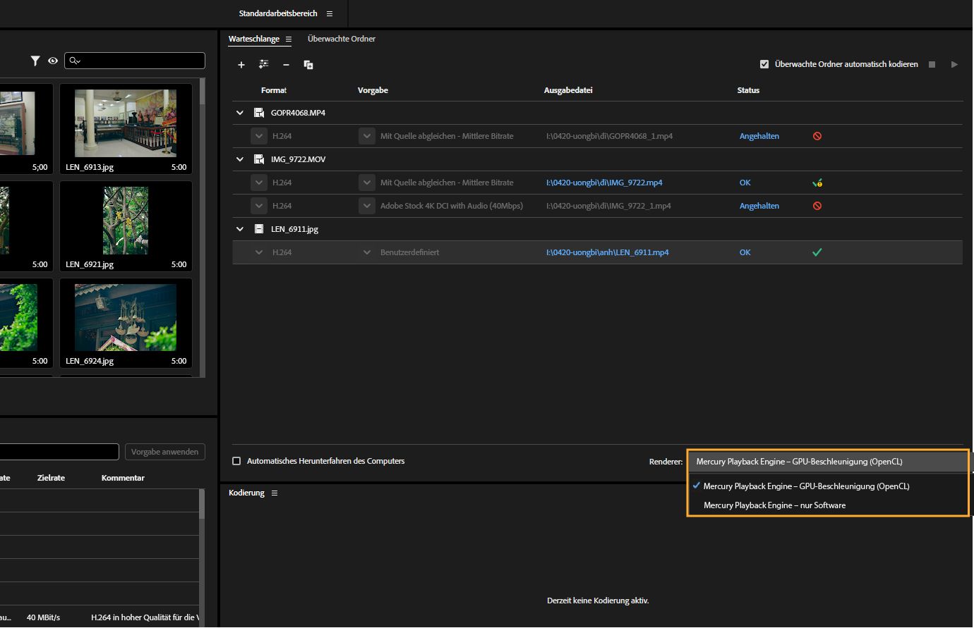 Das Bedienfeld „Warteschlange“ ist geöffnet und das Dropdown-Menü „Renderer“ ist hervorgehoben. Die Option „Mercury Playback Engine-GPU-Beschleunigung (OpenCL)“ ist ausgewählt.